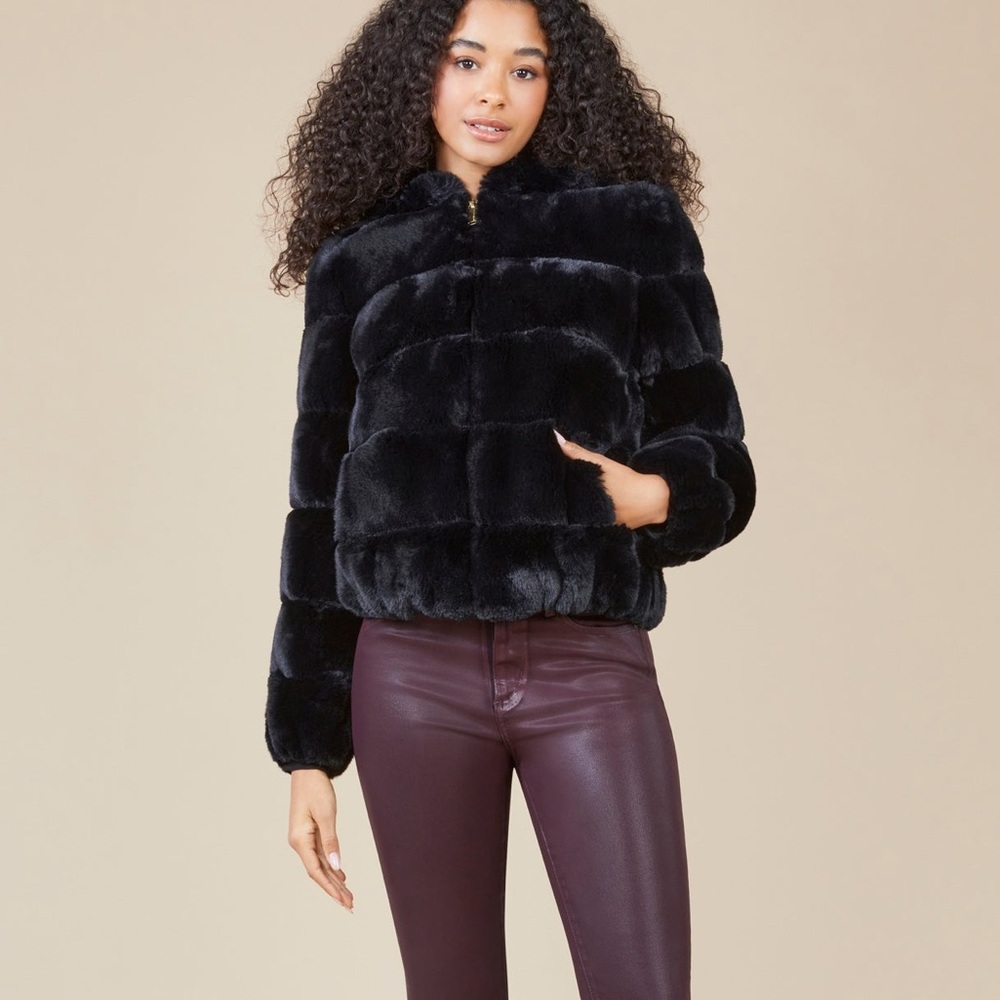 Hooded faux fur bomber jacket